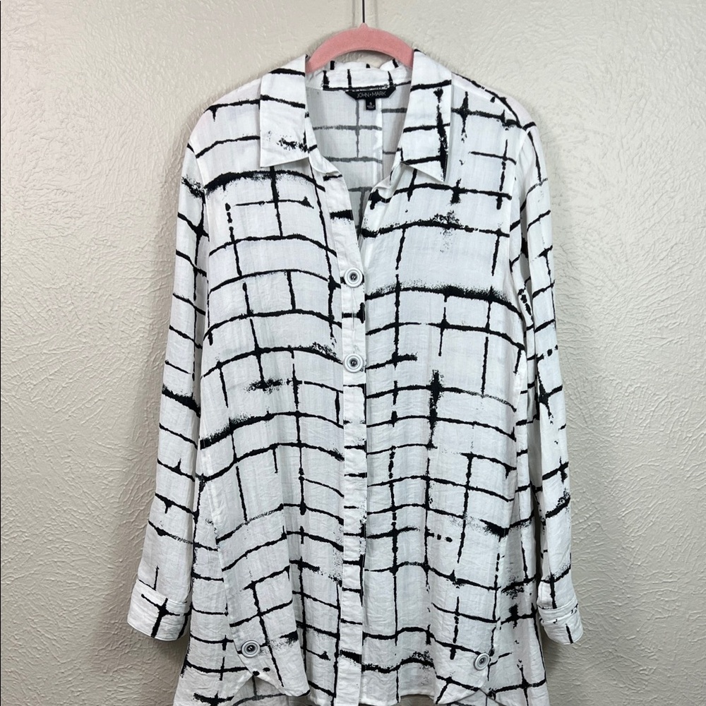 John Mark White & Black Abstract Long Tab Sleeve Button Front Tunic Top Small